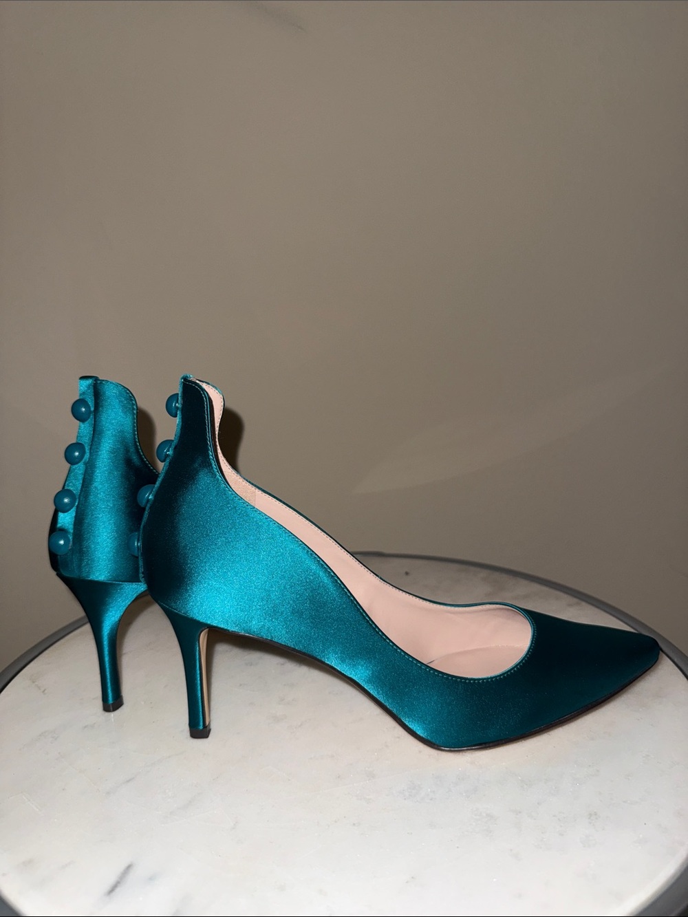NEW Nine West Teal Satin Pointed-Toe Stiletto Pumps with Button Heel Detail